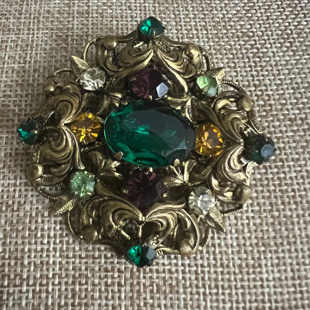 Vintage Emerald Green Rhinestone Gold Filigree Brooch Pin 2.25" Renaissance Core